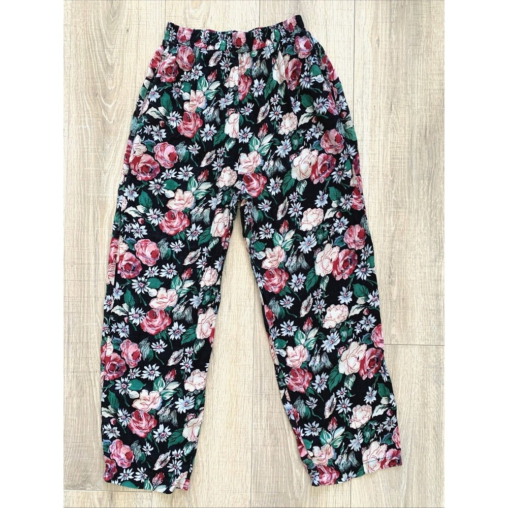 Vintage Hunters Run Floral Black Pants Pull On Elastic Waist Womens Size S